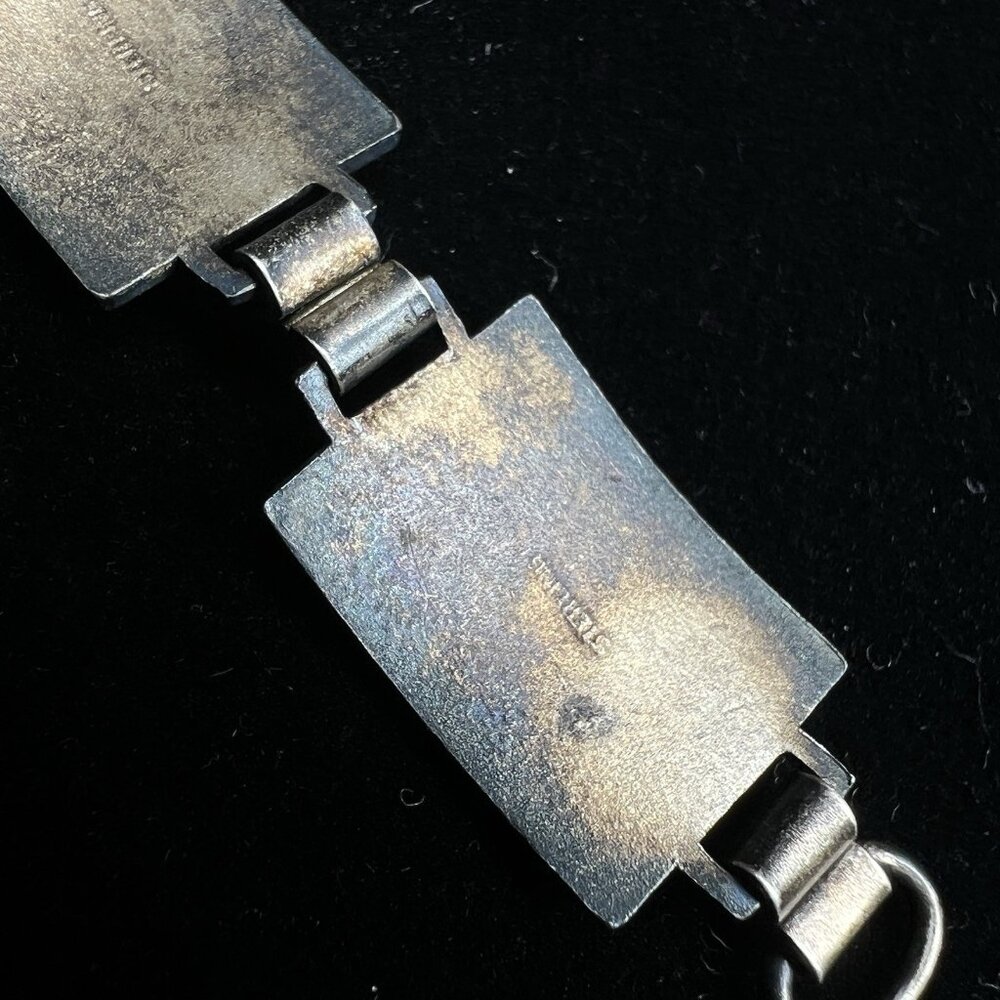 Vintage Sterling Silver Guilloche Panel Link Bracelet 19.9g Pink Roses 6.5" - Picture 7 of 13